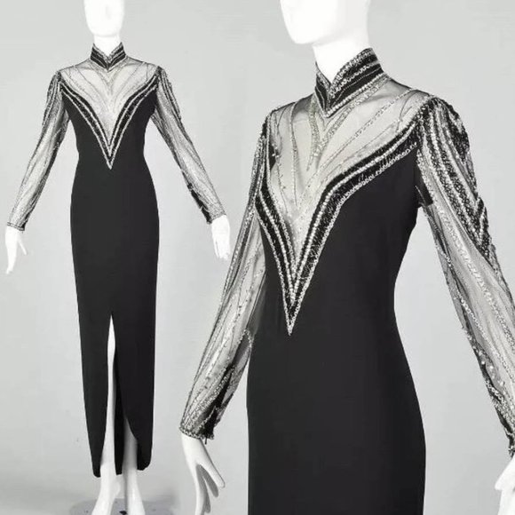 Bob Mackie Art Deco Gown Mandarin Neck Black Sheer Mesh, Deep V Plunge Beaded, - Picture 1 of 12